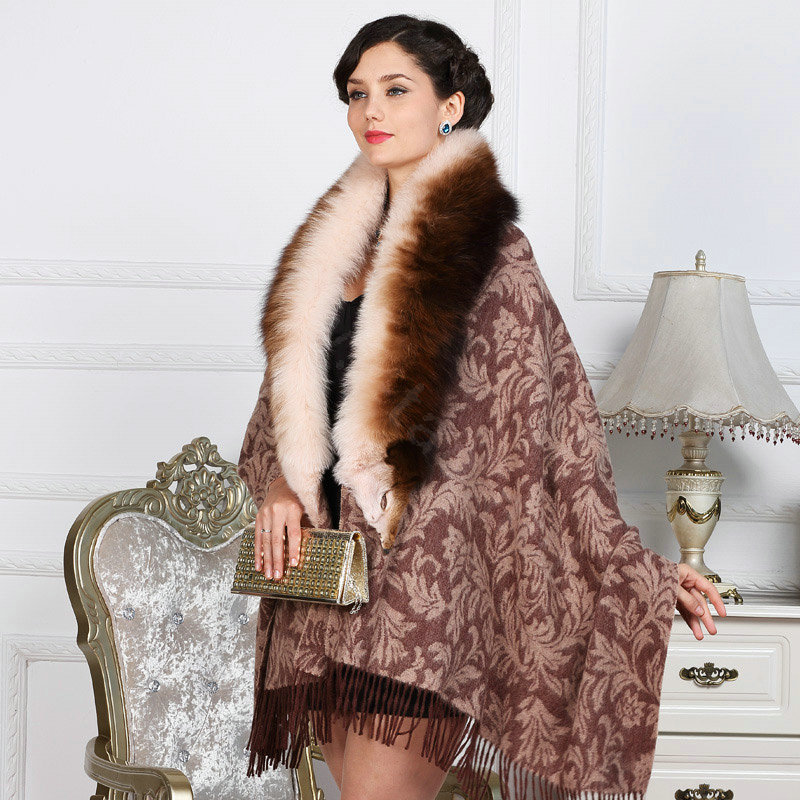Top Grade Jacquard Weave Wool Shawls Whole Fox Fur Scarf Women Pashmina Thicken Tassels Cape - Coffee