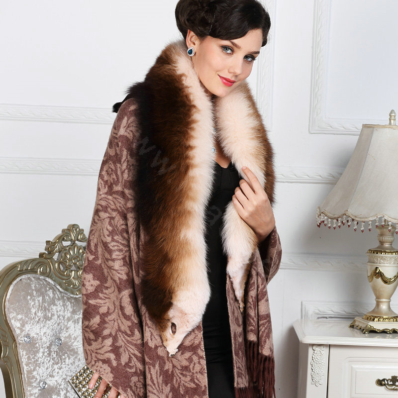 Top Grade Jacquard Weave Wool Shawls Whole Fox Fur Scarf Women Pashmina Thicken Tassels Cape - Coffee