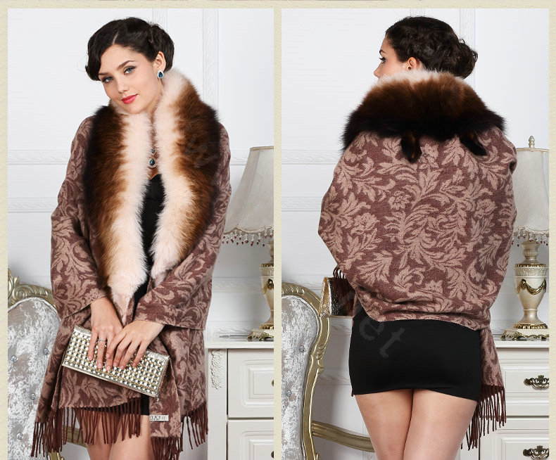Top Grade Jacquard Weave Wool Shawls Whole Fox Fur Scarf Women Pashmina Thicken Tassels Cape - Coffee