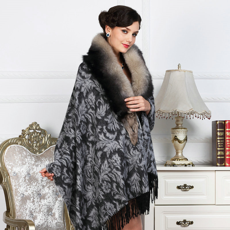 Top Grade Jacquard Weave Wool Shawls Whole Fox Fur Scarf Women Pashmina Thicken Tassels Cape - Gray