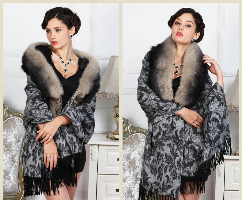 Top Grade Jacquard Weave Wool Shawls Whole Fox Fur Scarf Women Pashmina Thicken Tassels Cape - Gray