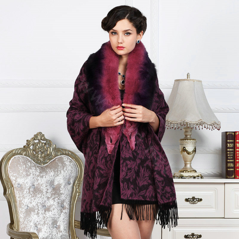Top Grade Jacquard Weave Wool Shawls Whole Fox Fur Scarf Women Pashmina Thicken Tassels Cape - Purple