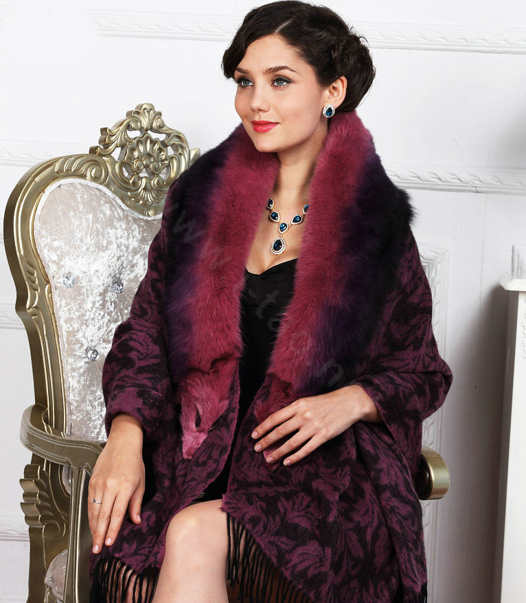 Top Grade Jacquard Weave Wool Shawls Whole Fox Fur Scarf Women Pashmina Thicken Tassels Cape - Purple