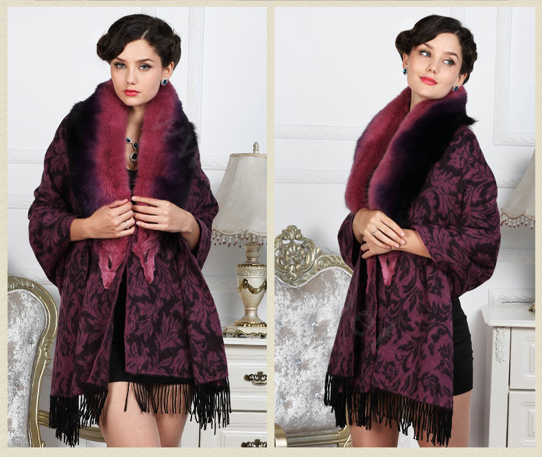 Top Grade Jacquard Weave Wool Shawls Whole Fox Fur Scarf Women Pashmina Thicken Tassels Cape - Purple