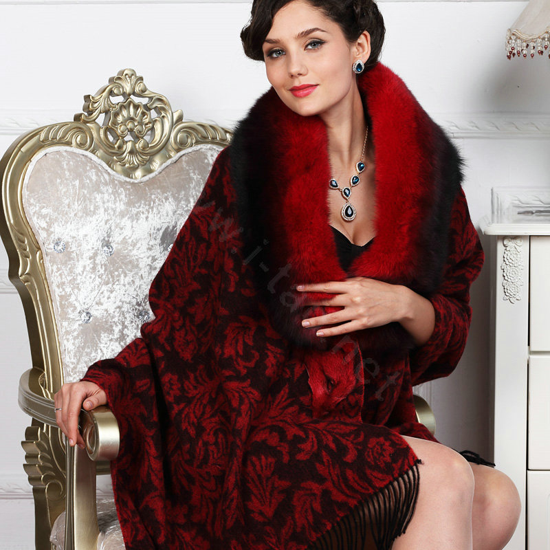 Top Grade Jacquard Weave Wool Shawls Whole Fox Fur Scarf Women Pashmina Thicken Tassels Cape - Red