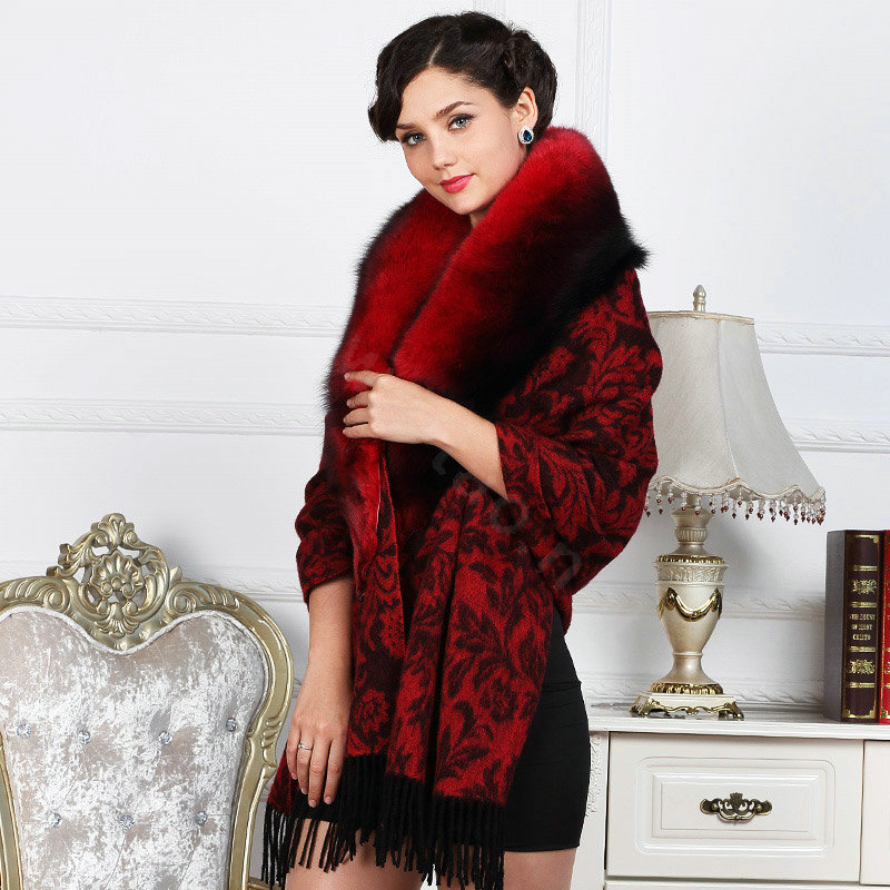 Top Grade Jacquard Weave Wool Shawls Whole Fox Fur Scarf Women Pashmina Thicken Tassels Cape - Red