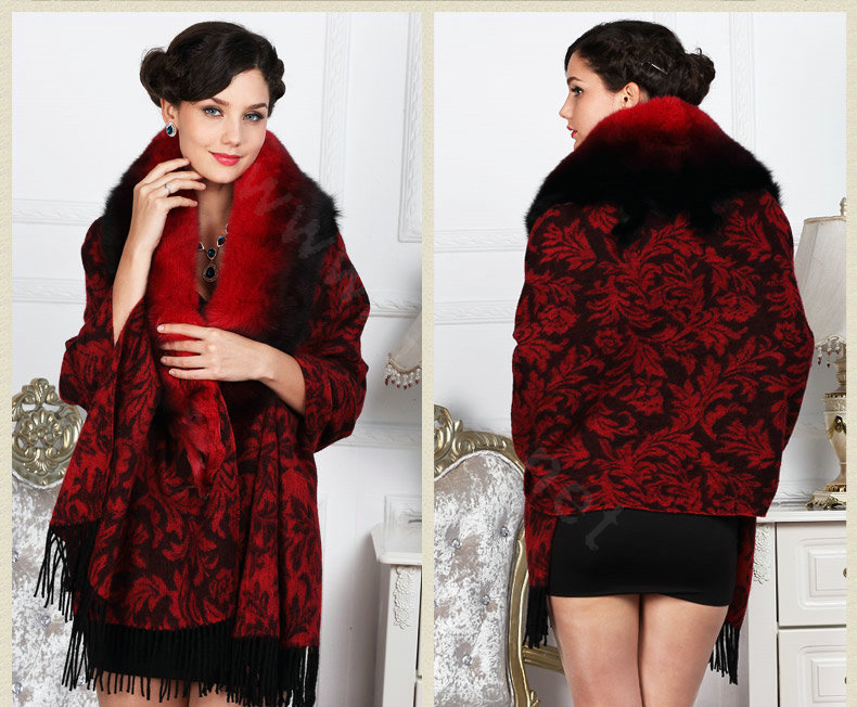 Top Grade Jacquard Weave Wool Shawls Whole Fox Fur Scarf Women Pashmina Thicken Tassels Cape - Red
