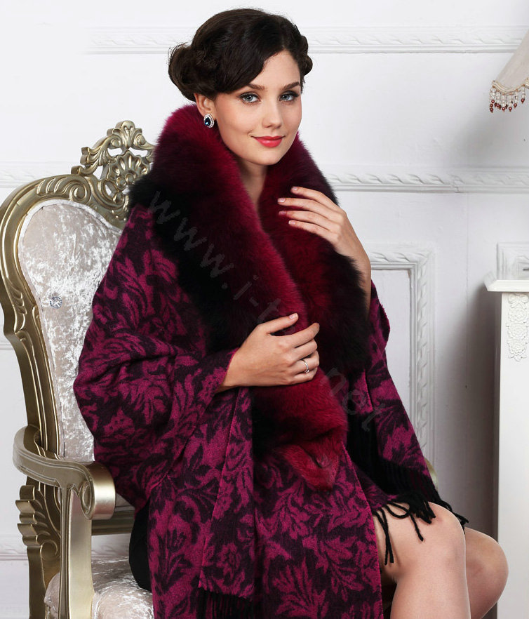 Top Grade Jacquard Weave Wool Shawls Whole Fox Fur Scarf Women Pashmina Thicken Tassels Cape - Rose