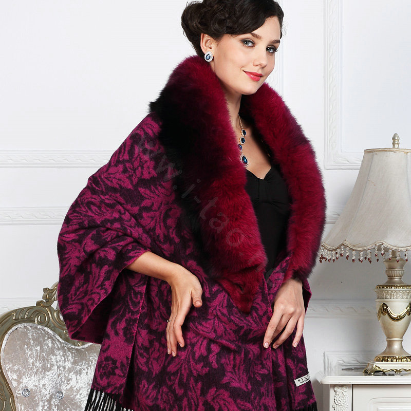Top Grade Jacquard Weave Wool Shawls Whole Fox Fur Scarf Women Pashmina Thicken Tassels Cape - Rose