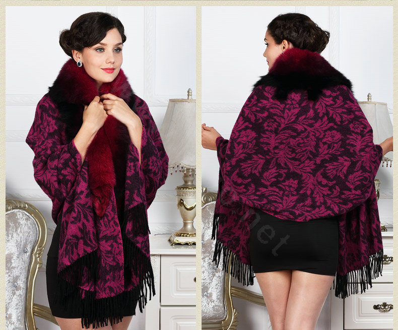 Top Grade Jacquard Weave Wool Shawls Whole Fox Fur Scarf Women Pashmina Thicken Tassels Cape - Rose