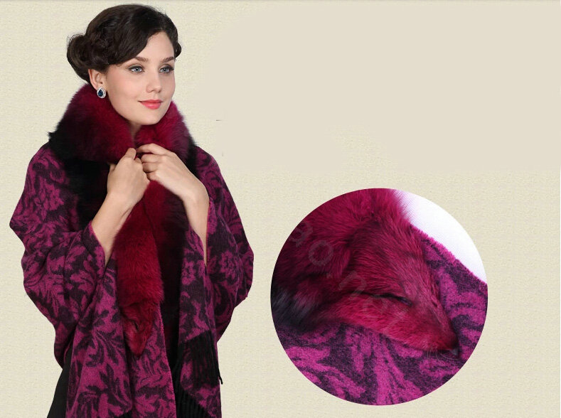 Top Grade Jacquard Weave Wool Shawls Whole Fox Fur Scarf Women Pashmina Thicken Tassels Cape - Rose