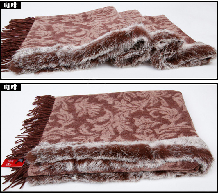Top Grade Jacquard Weave Wool Thicken Shawls Rex Rabbit Fur Scarf Women Pashmina Cape - Coffee