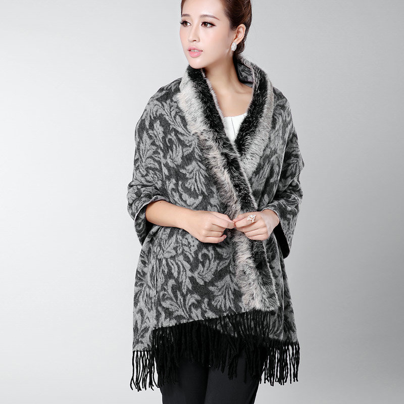 Top Grade Jacquard Weave Wool Thicken Shawls Rex Rabbit Fur Scarf Women Pashmina Cape - Gray
