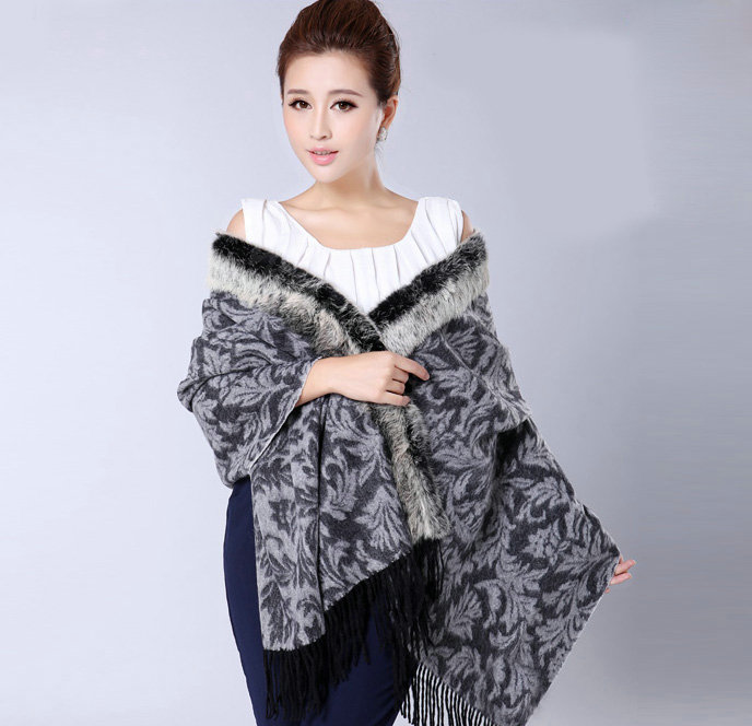 Top Grade Jacquard Weave Wool Thicken Shawls Rex Rabbit Fur Scarf Women Pashmina Cape - Gray