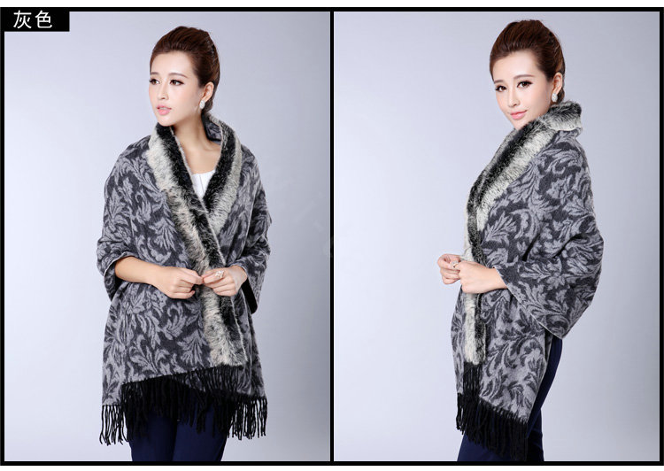 Top Grade Jacquard Weave Wool Thicken Shawls Rex Rabbit Fur Scarf Women Pashmina Cape - Gray