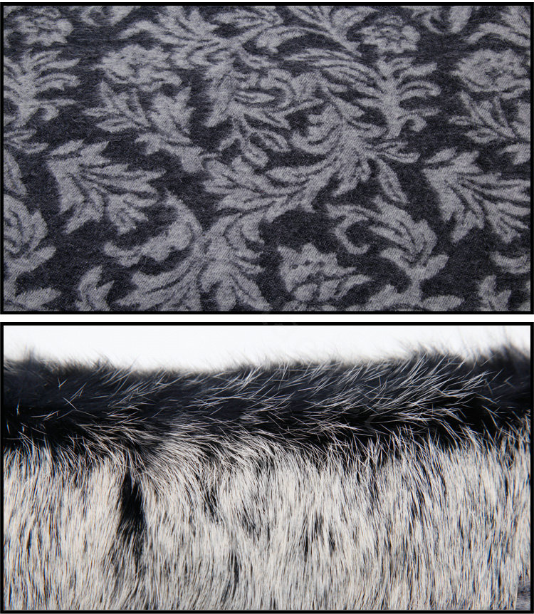 Top Grade Jacquard Weave Wool Thicken Shawls Rex Rabbit Fur Scarf Women Pashmina Cape - Gray