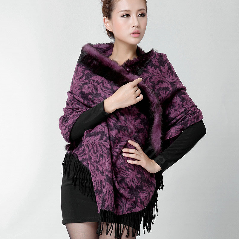 Top Grade Jacquard Weave Wool Thicken Shawls Rex Rabbit Fur Scarf Women Pashmina Cape - Purple