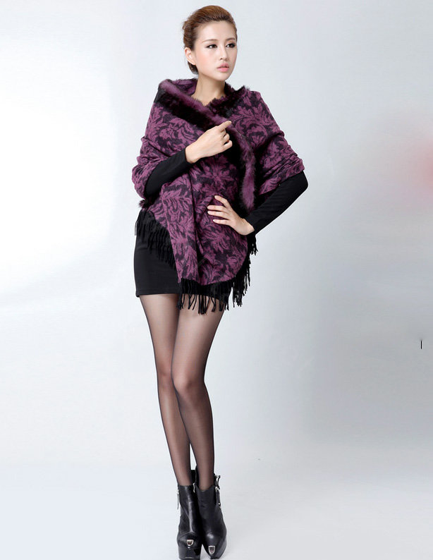 Top Grade Jacquard Weave Wool Thicken Shawls Rex Rabbit Fur Scarf Women Pashmina Cape - Purple