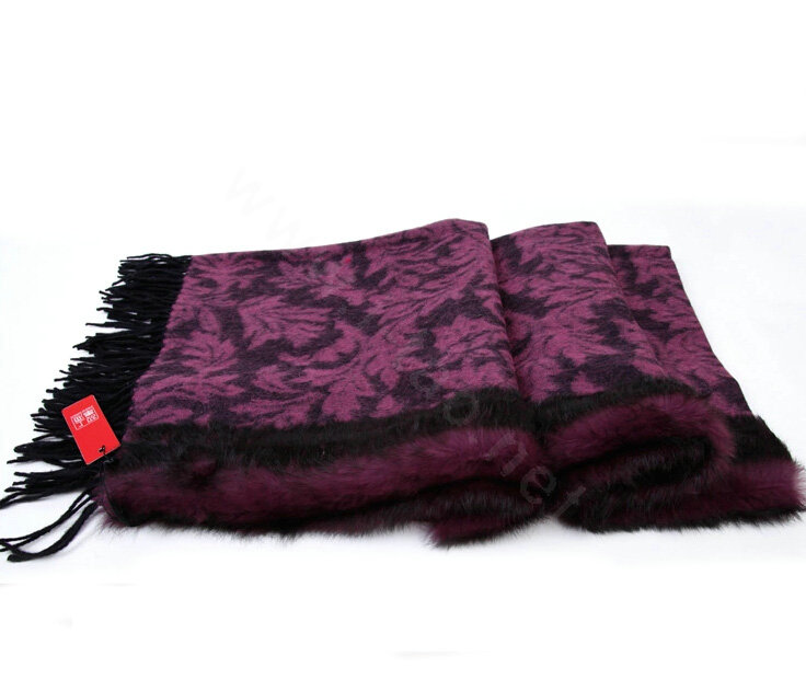 Top Grade Jacquard Weave Wool Thicken Shawls Rex Rabbit Fur Scarf Women Pashmina Cape - Purple