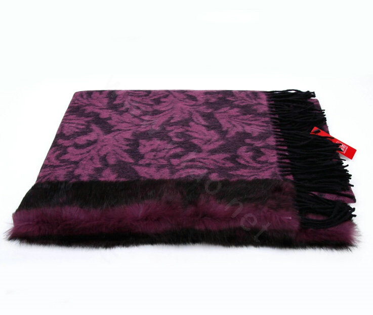 Top Grade Jacquard Weave Wool Thicken Shawls Rex Rabbit Fur Scarf Women Pashmina Cape - Purple