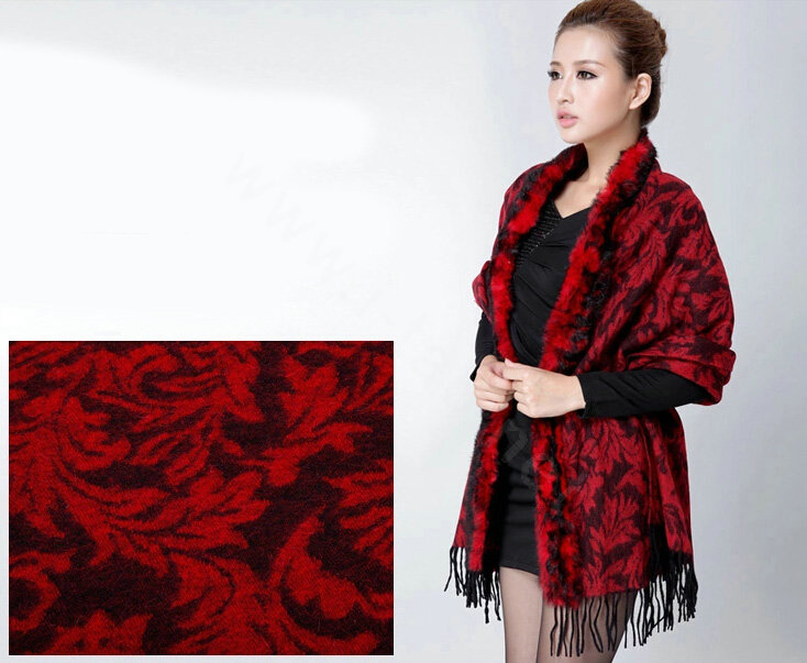Top Grade Jacquard Weave Wool Thicken Shawls Rex Rabbit Fur Scarf Women Pashmina Cape - Red