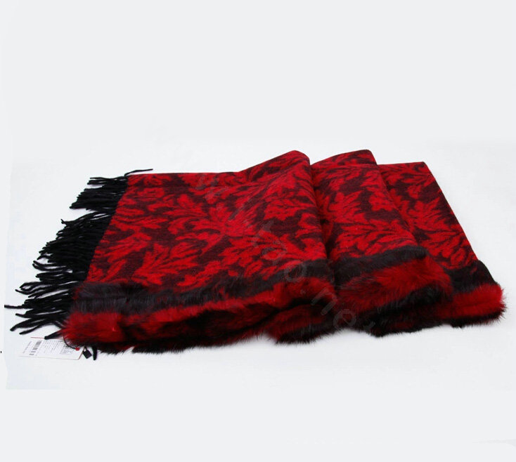 Top Grade Jacquard Weave Wool Thicken Shawls Rex Rabbit Fur Scarf Women Pashmina Cape - Red