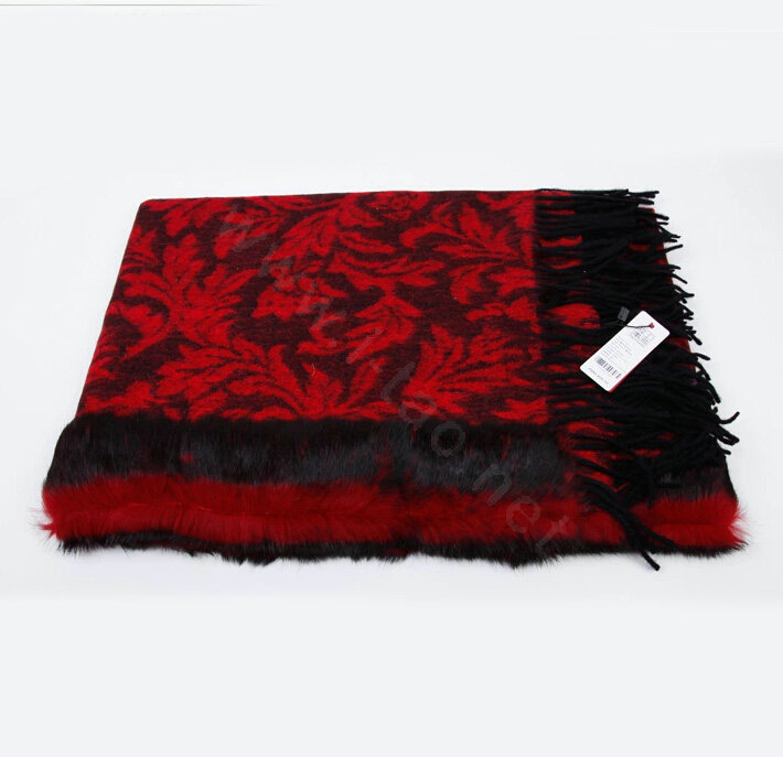 Top Grade Jacquard Weave Wool Thicken Shawls Rex Rabbit Fur Scarf Women Pashmina Cape - Red
