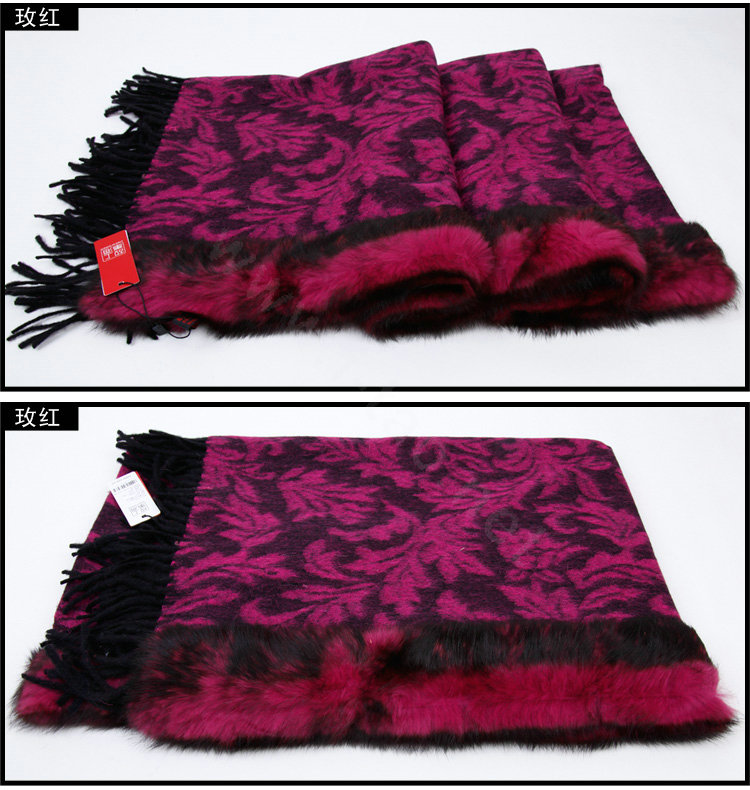 Top Grade Jacquard Weave Wool Thicken Shawls Rex Rabbit Fur Scarf Women Pashmina Cape - Rose