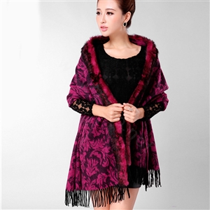 Top Grade Jacquard Weave Wool Thicken Shawls Rex Rabbit Fur Scarf Women Pashmina Cape - Rose