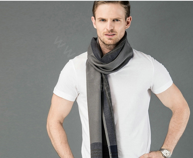 Top Grade Long Britain Lattice Wool Scarf Man Winter Thicken Cashmere Muffler - Gray