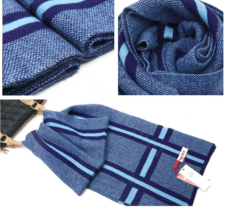 Top Grade Long Britain Stripe Wool Scarf Man Winter Thicken Cashmere Knitting Muffler - Blue