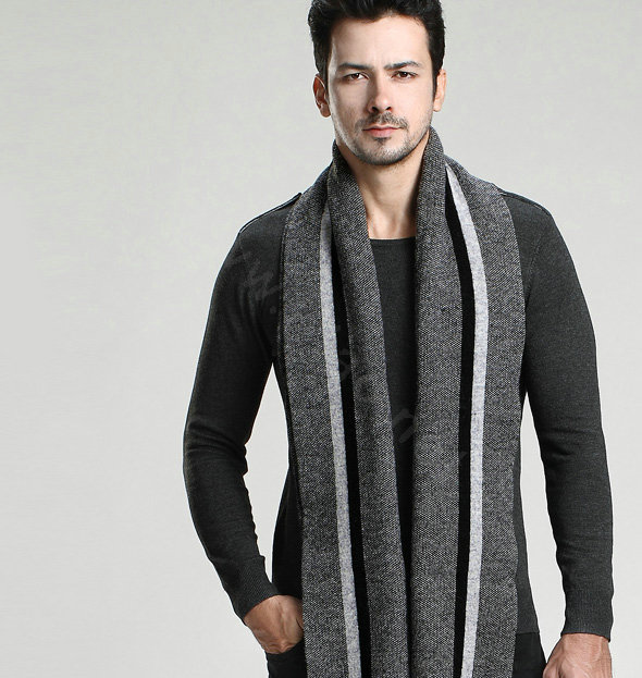 Top Grade Long Britain Stripe Wool Scarf Man Winter Thicken Cashmere Knitting Muffler - Dark Gray