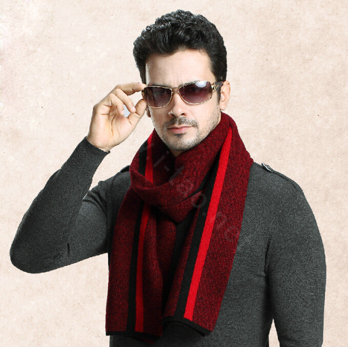 Top Grade Long Britain Stripe Wool Scarf Man Winter Thicken Cashmere Knitting Muffler - Red