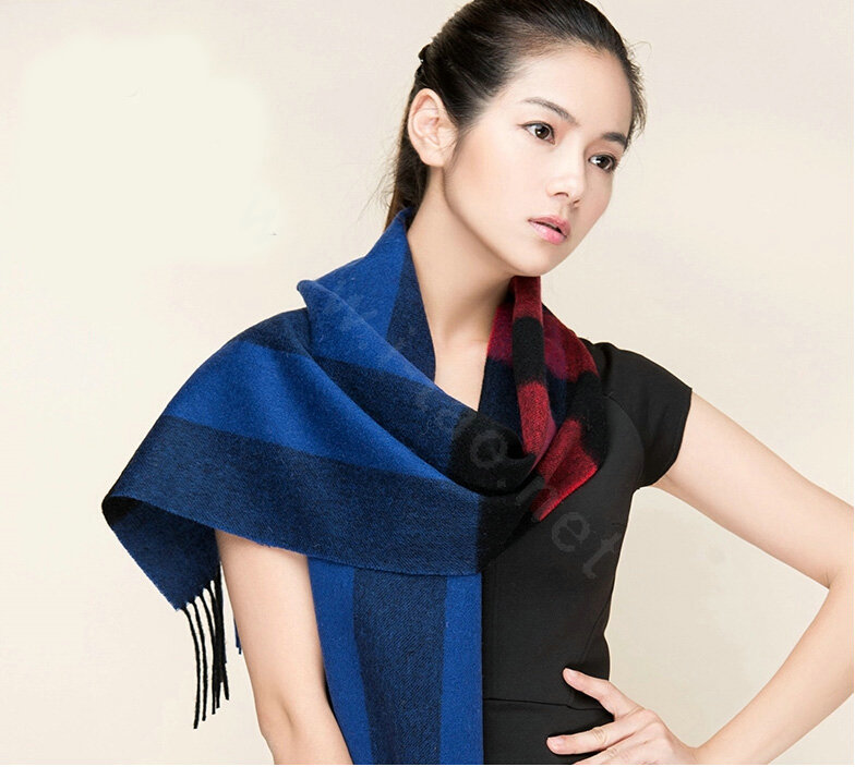 Top Grade Long Lattice Wool Scarf Women Winter Thicken Cashmere Tassels Shawls - Blue