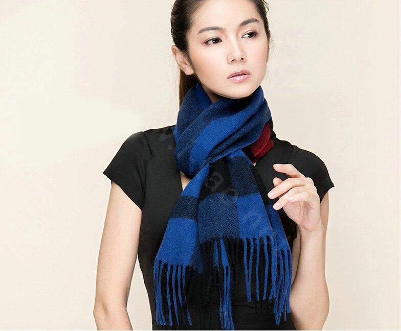 Top Grade Long Lattice Wool Scarf Women Winter Thicken Cashmere Tassels Shawls - Blue