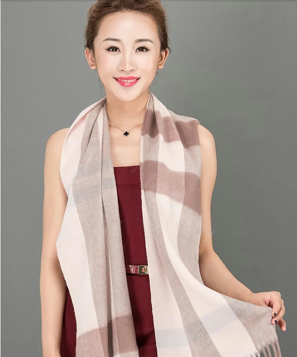 Top Grade Long Lattice Wool Scarf Women Winter Thicken Cashmere Tassels Shawls - Camel+Pink