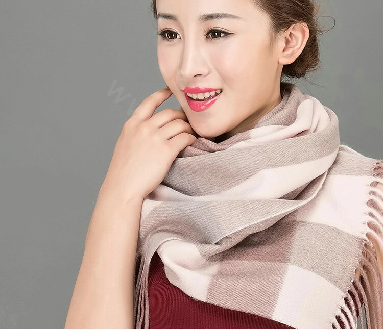 Top Grade Long Lattice Wool Scarf Women Winter Thicken Cashmere Tassels Shawls - Camel+Pink