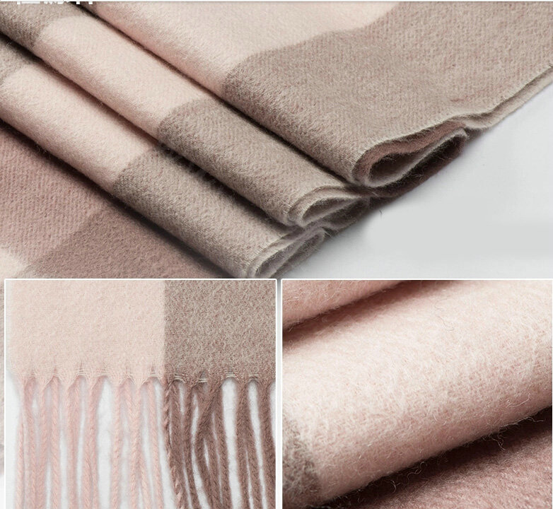 Top Grade Long Lattice Wool Scarf Women Winter Thicken Cashmere Tassels Shawls - Camel+Pink