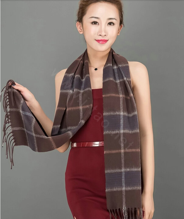Top Grade Long Lattice Wool Scarf Women Winter Thicken Cashmere Tassels Shawls - Coffee