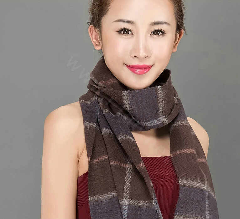 Top Grade Long Lattice Wool Scarf Women Winter Thicken Cashmere Tassels Shawls - Coffee