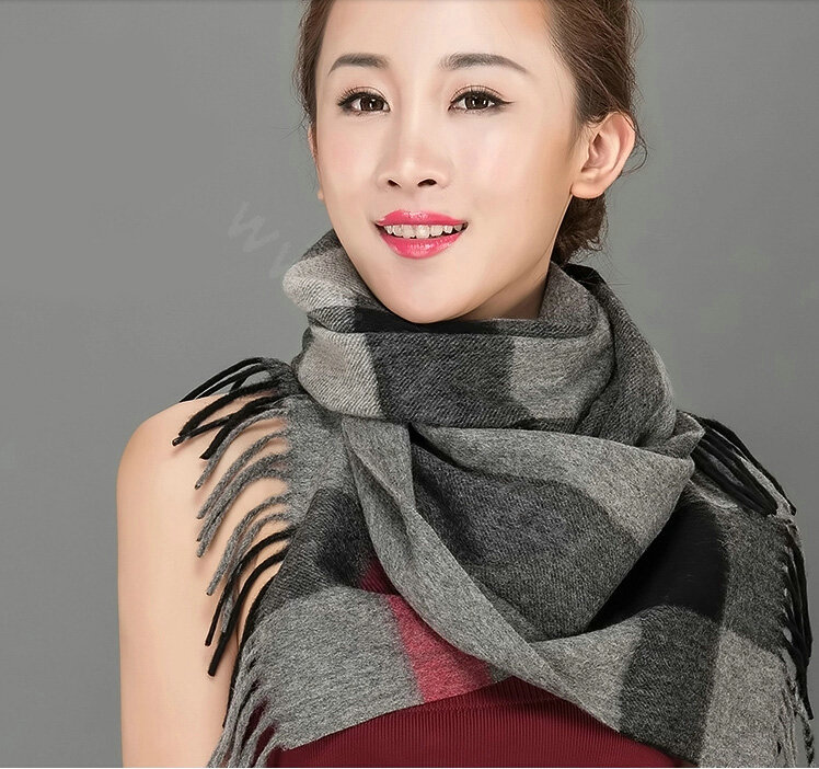 Top Grade Long Lattice Wool Scarf Women Winter Thicken Cashmere Tassels Shawls - Gray+Black