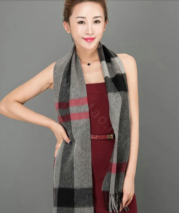 Top Grade Long Lattice Wool Scarf Women Winter Thicken Cashmere Tassels Shawls - Gray+Black