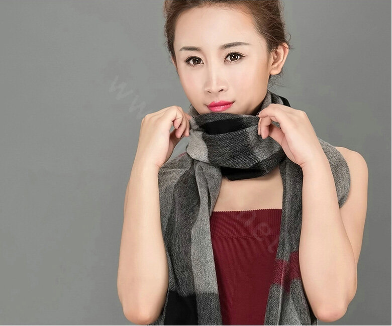 Top Grade Long Lattice Wool Scarf Women Winter Thicken Cashmere Tassels Shawls - Gray+Black