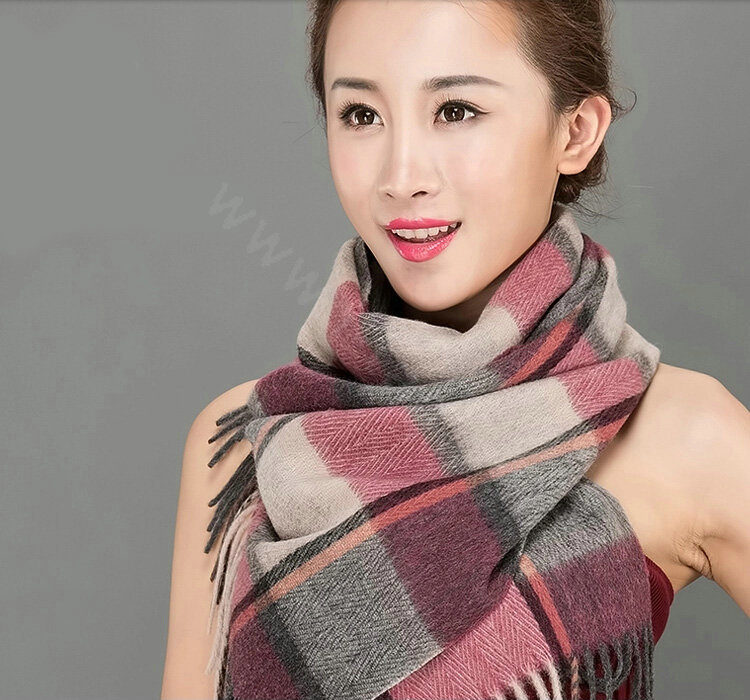 Top Grade Long Lattice Wool Scarf Women Winter Thicken Cashmere Tassels Shawls - Gray+Pink