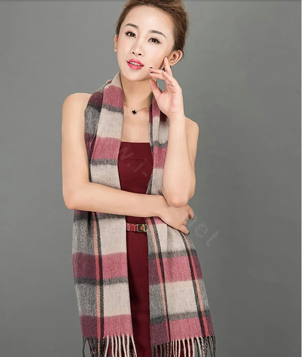 Top Grade Long Lattice Wool Scarf Women Winter Thicken Cashmere Tassels Shawls - Gray+Pink