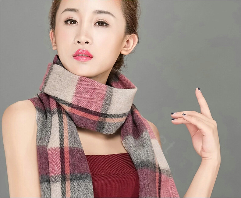 Top Grade Long Lattice Wool Scarf Women Winter Thicken Cashmere Tassels Shawls - Gray+Pink