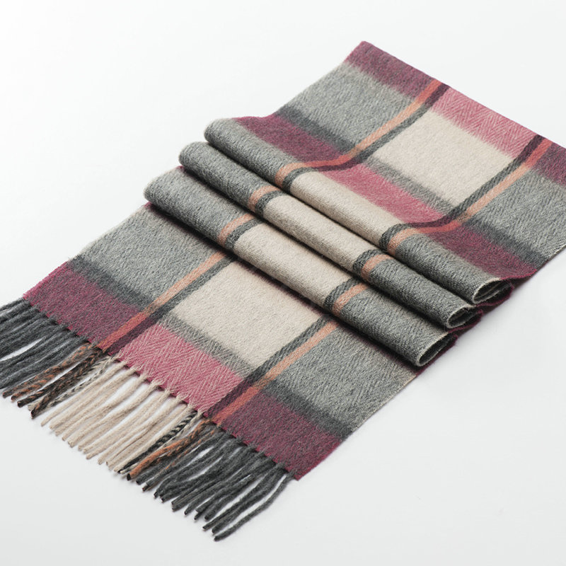 Top Grade Long Lattice Wool Scarf Women Winter Thicken Cashmere Tassels Shawls - Gray+Pink