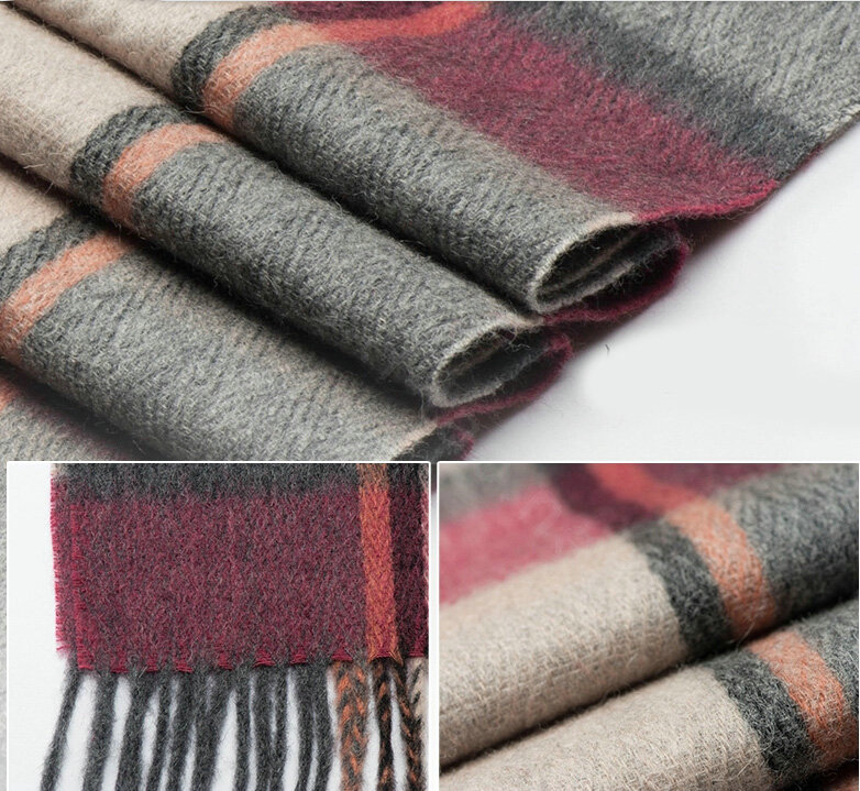 Top Grade Long Lattice Wool Scarf Women Winter Thicken Cashmere Tassels Shawls - Gray+Pink