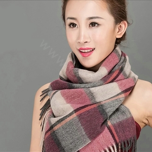 Top Grade Long Lattice Wool Scarf Women Winter Thicken Cashmere Tassels Shawls - Gray+Pink