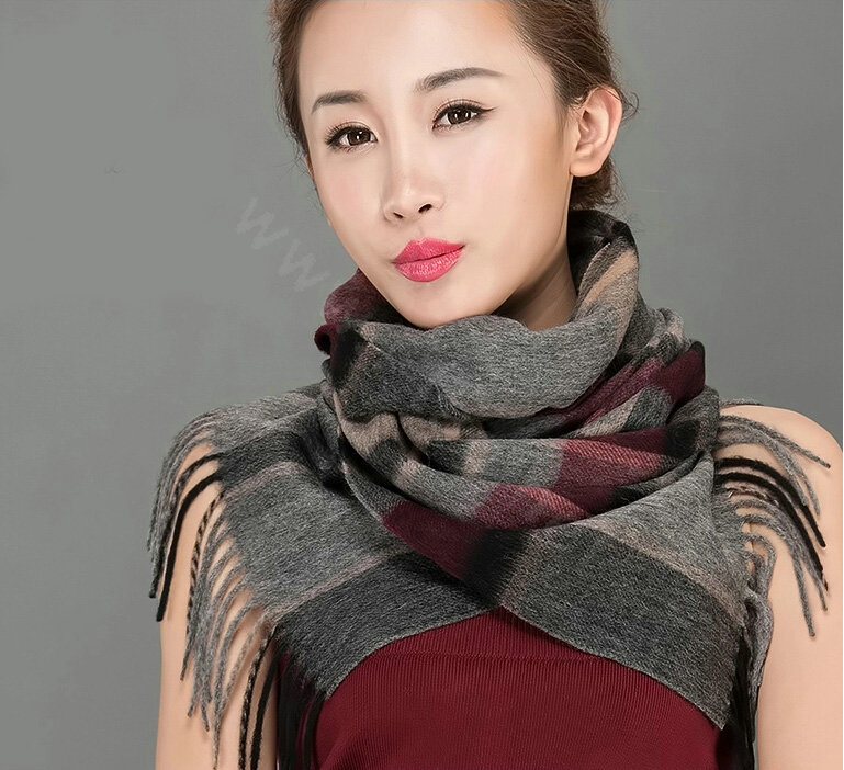 Top Grade Long Lattice Wool Scarf Women Winter Thicken Cashmere Tassels Shawls - Gray+Red